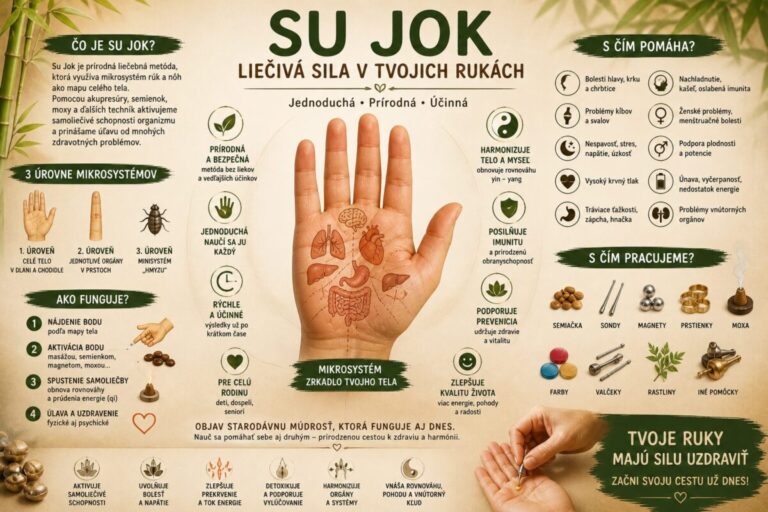 Su Jok infografika – mikrosystém ruky, liečba pomocou akupresúry, semiačok a moxy, účinky a princípy terapie