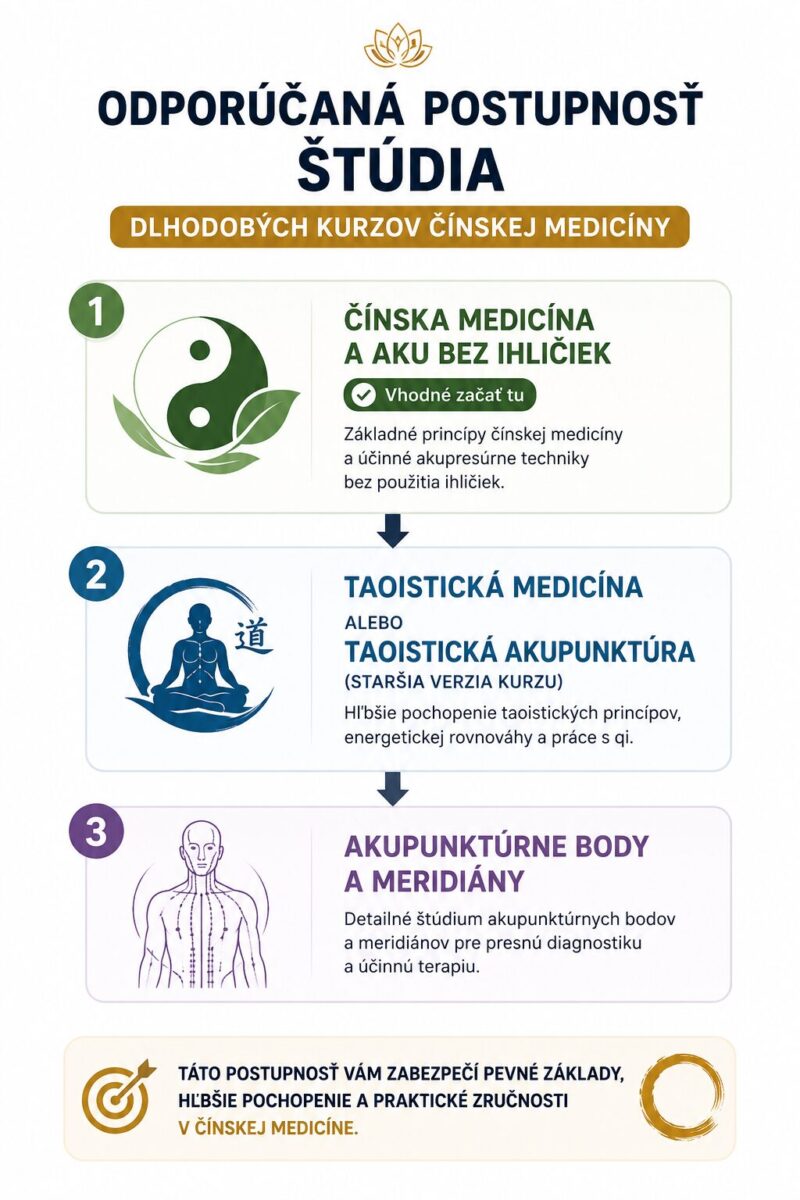 Odporúčaná postupnosť štúdia dlhodobých kurzov čínskej medicíny – Čínska medicína a aku bez ihličiek, Taoistická medicína alebo Taoistická akupunktúra a Akupunktúrne body a meridiány.